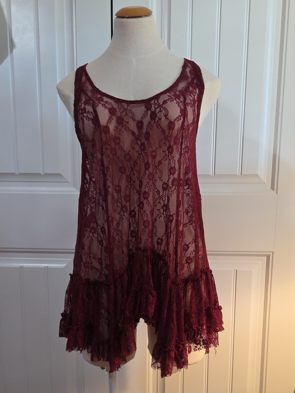 Free People Burgundy Sheer Lace Ruffle Hem Tank